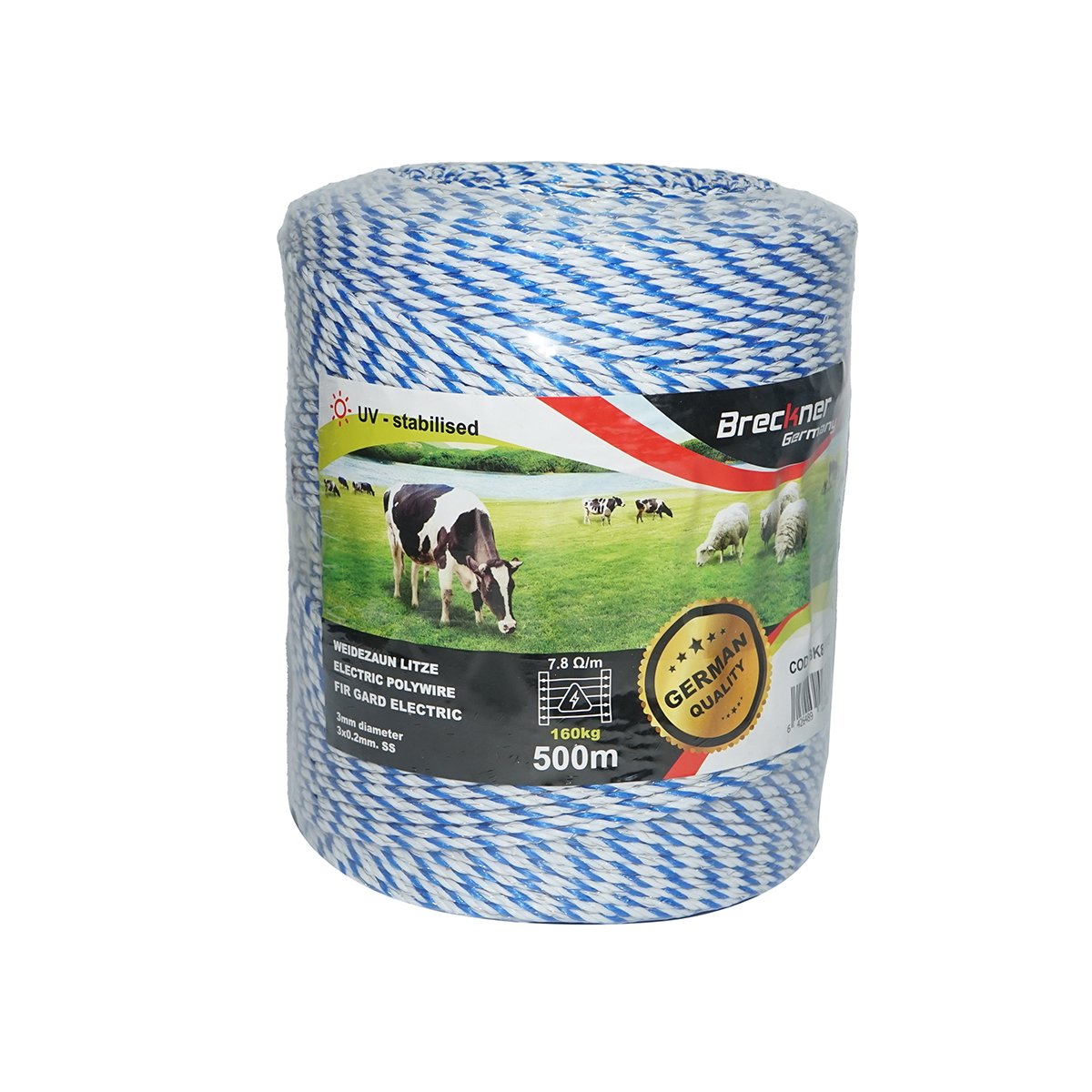 Rola fir alb-albastru fi 3mm 3x0.2mm SS, 7,8 Ohm/m, 500m gard electric Breckner Germany